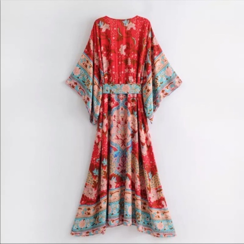 Boho Gypsy Red  Floral Print Midi Kimono Dress Cottagecore - Picture 4 of 10